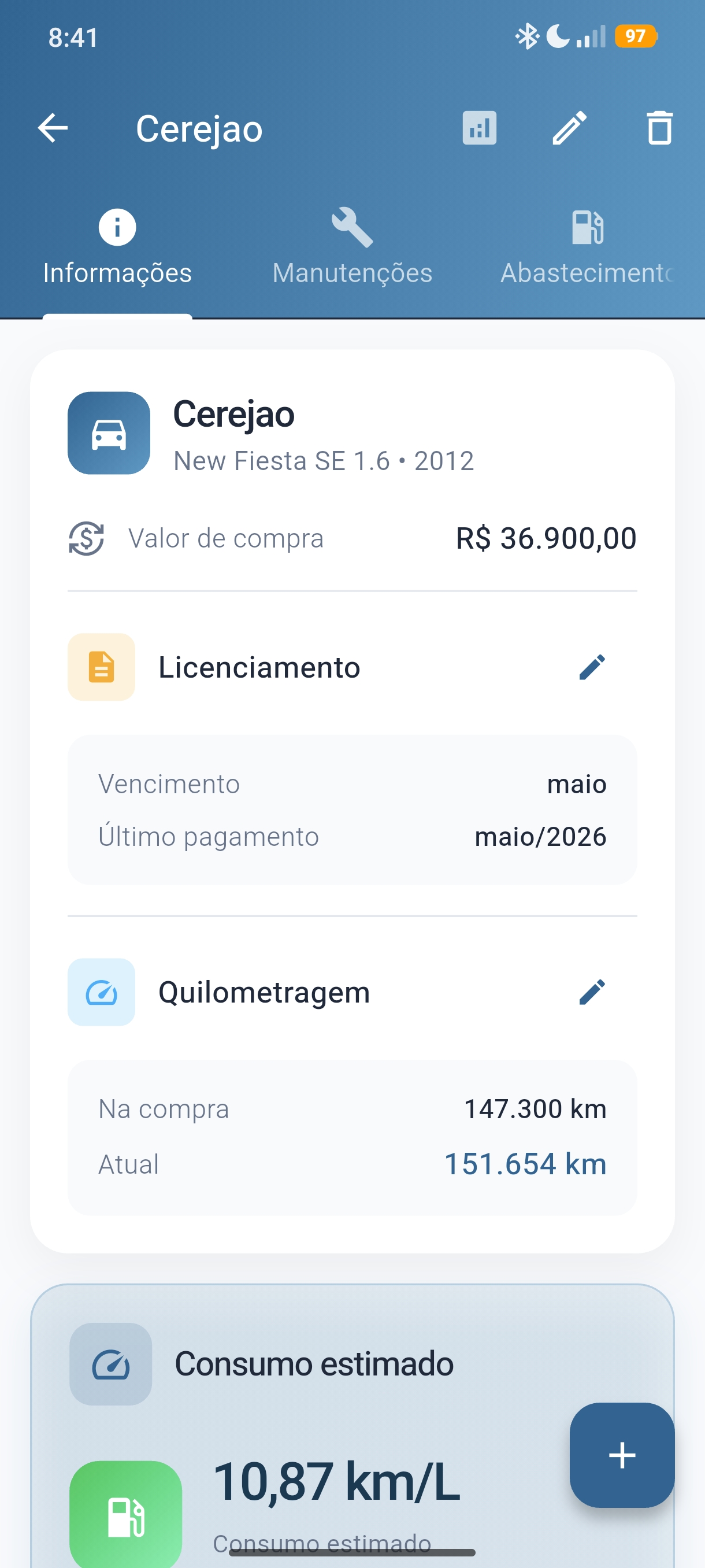 Informações e indicadores detalhados de um veículo no AutoVida